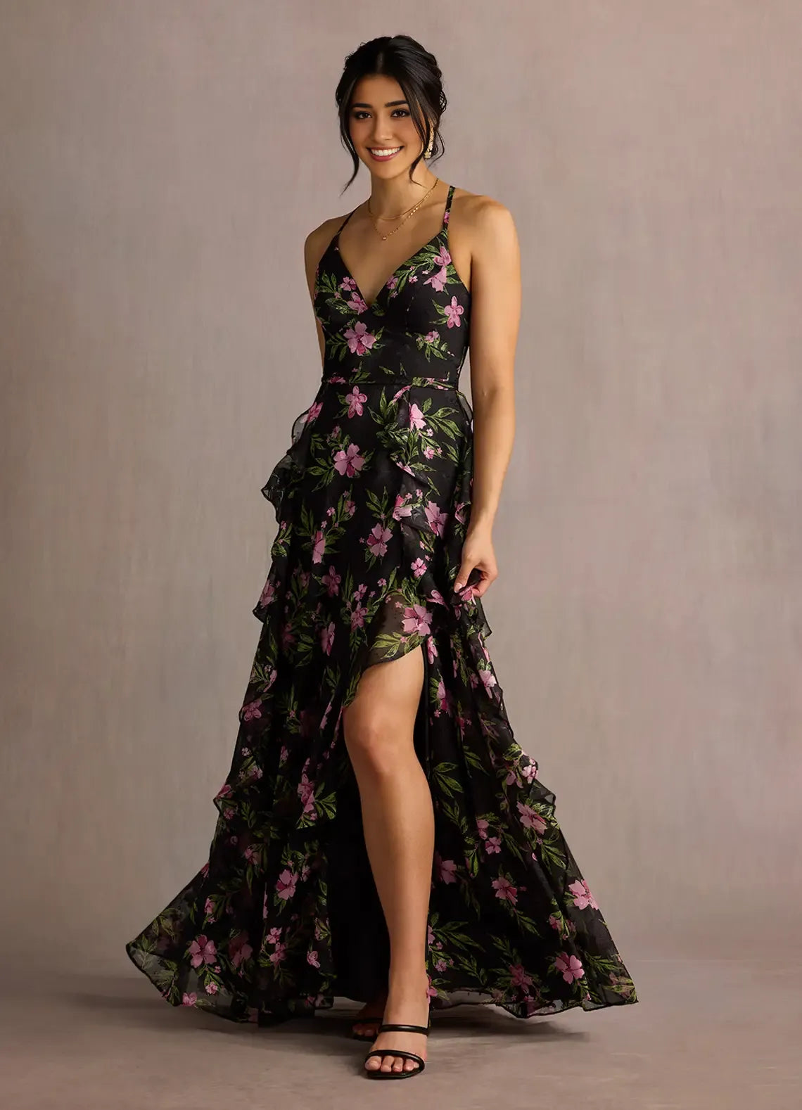 Dress Spaghetti Straps V Neck Elegant Maxi Dress Prom Dress Sleeveless Backless Flower Printed A-Line Evening Dress