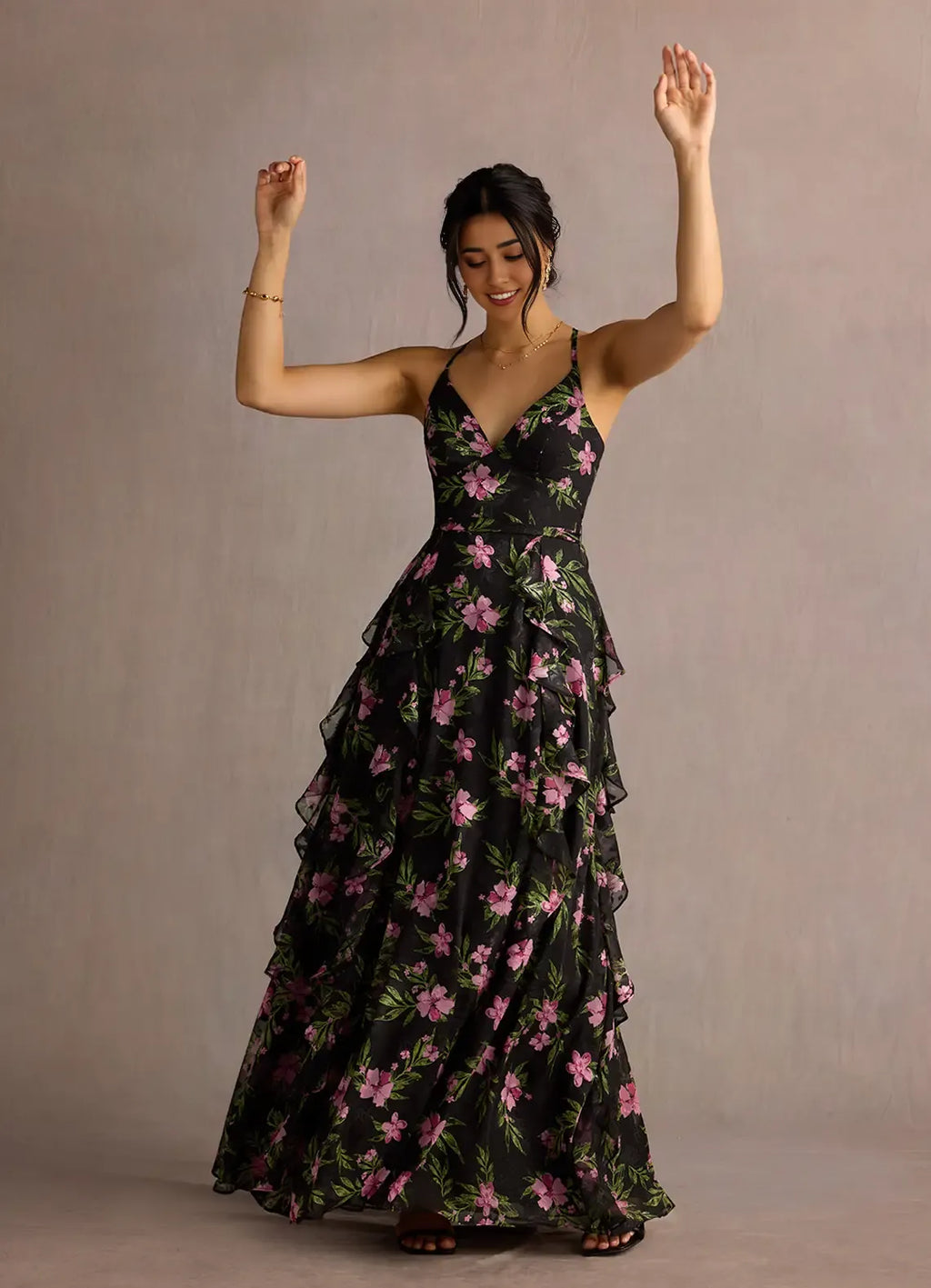 Dress Spaghetti Straps V Neck Elegant Maxi Dress Prom Dress Sleeveless Backless Flower Printed A-Line Evening Dress