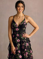 Dress Spaghetti Straps V Neck Elegant Maxi Dress Prom Dress Sleeveless Backless Flower Printed A-Line Evening Dress