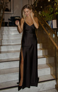 Dress V Neck Sage Sleeveless Maxi Dress Column Solid Color Backless Simple Prom Dress With Slit
