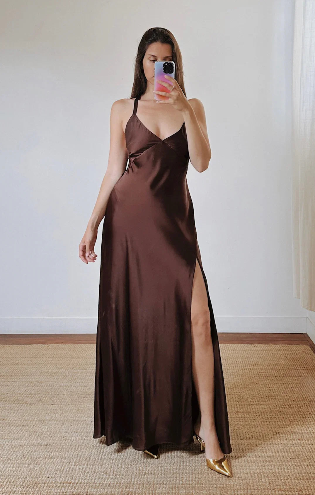 Dress V Neck Sage Sleeveless Maxi Dress Column Solid Color Backless Simple Prom Dress With Slit