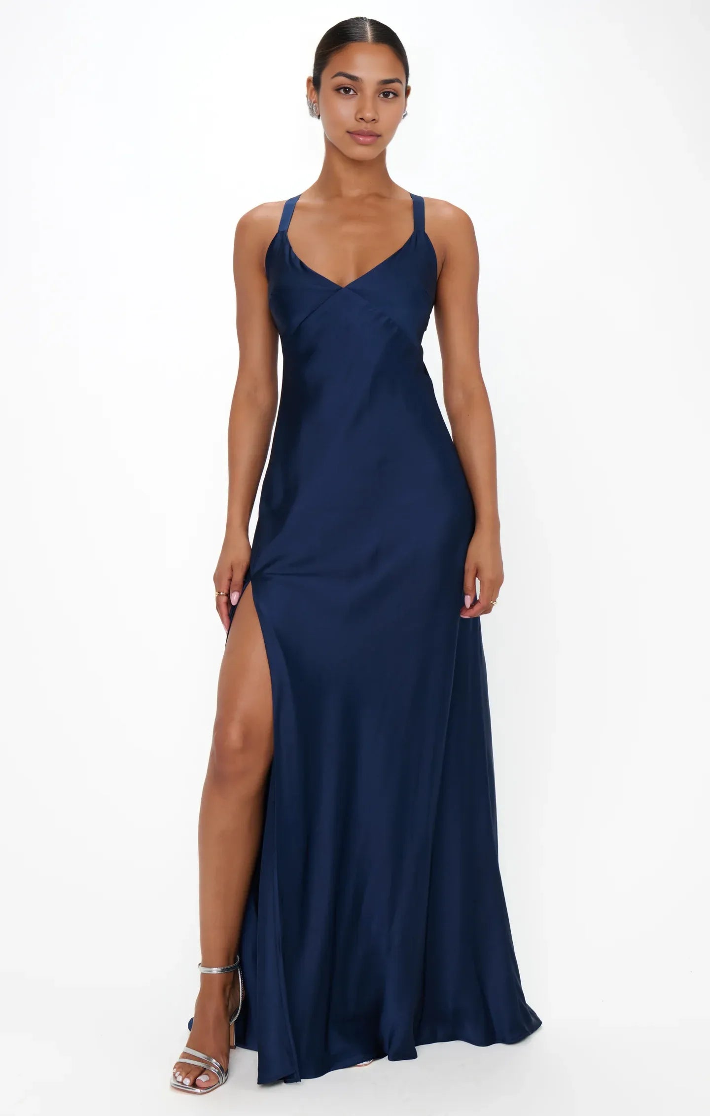 Dress V Neck Sage Sleeveless Maxi Dress Column Solid Color Backless Simple Prom Dress With Slit
