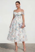Whimsical A-Line Off Shoulder Short Sleeve Floral Midi Cocktail Dress
