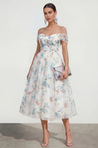 Whimsical A-Line Off Shoulder Short Sleeve Floral Midi Cocktail Dress