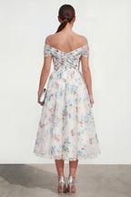 Whimsical A-Line Off Shoulder Short Sleeve Floral Midi Cocktail Dress