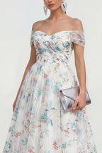 Whimsical A-Line Off Shoulder Short Sleeve Floral Midi Cocktail Dress