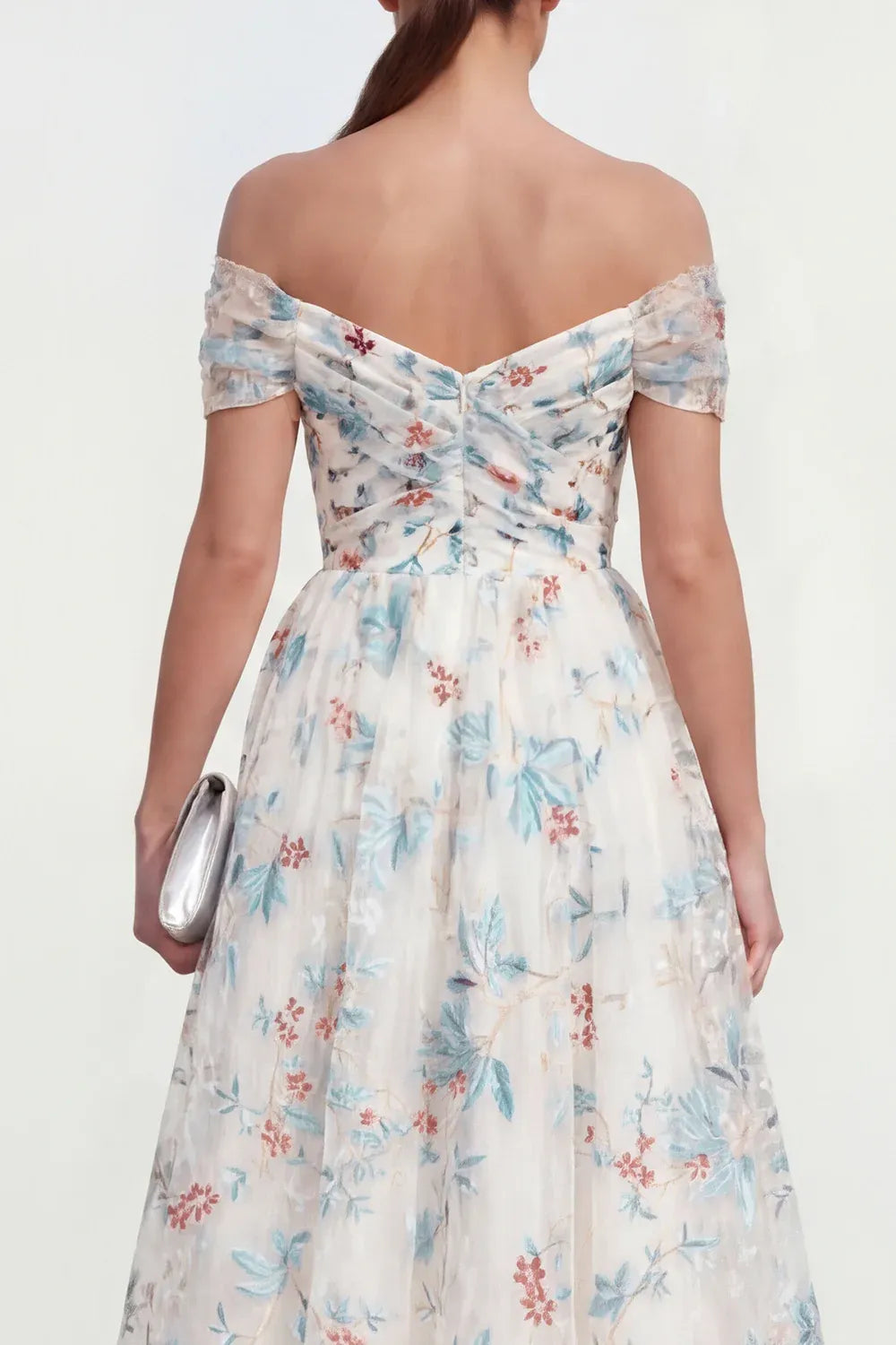 Whimsical A-Line Off Shoulder Short Sleeve Floral Midi Cocktail Dress