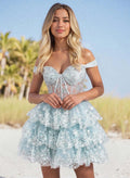 Whimsical A-Line Off-the-Shoulder Sweetheart Corset Tiered Ruffle Mini Homecoming Dress