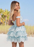 Whimsical A-Line Off-the-Shoulder Sweetheart Corset Tiered Ruffle Mini Homecoming Dress