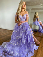 Whimsical A-Line Off-the-Shoulder Sweetheart Lace-Up Corset Tiered Floor-Length Evening Gown