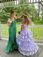 Whimsical A-Line Off-the-Shoulder Sweetheart Lace-Up Corset Tiered Floor-Length Evening Gown
