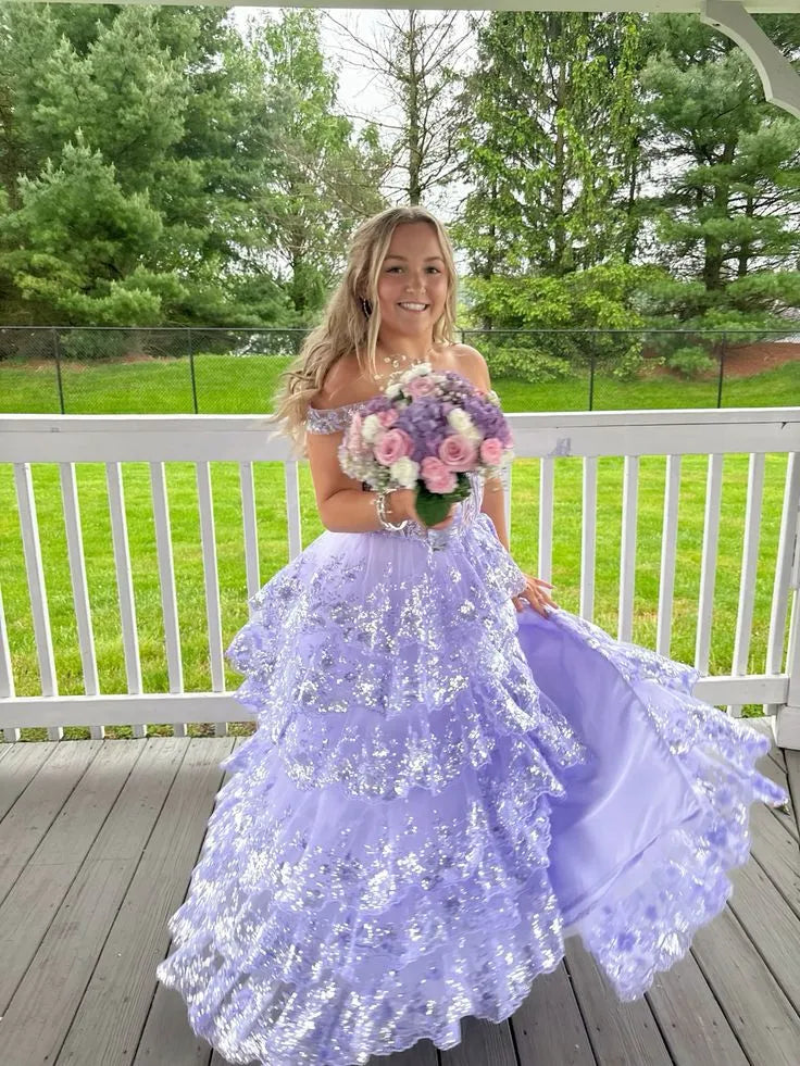 Whimsical A-Line Off-the-Shoulder Sweetheart Lace-Up Corset Tiered Floor-Length Evening Gown