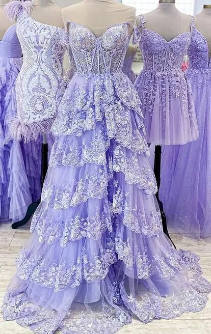 Whimsical A-Line Off-the-Shoulder Sweetheart Lace-Up Corset Tiered Floor-Length Evening Gown