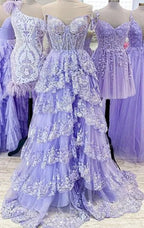 Whimsical A-Line Off-the-Shoulder Sweetheart Lace-Up Corset Tiered Floor-Length Evening Gown