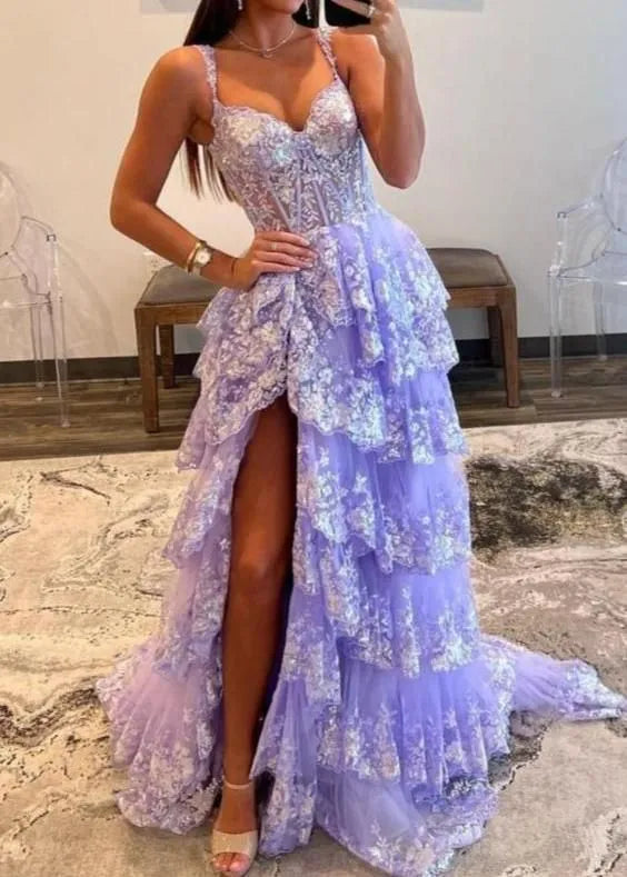 Whimsical A-Line Off-the-Shoulder Sweetheart Lace-Up Corset Tiered Floor-Length Evening Gown