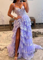Whimsical A-Line Off-the-Shoulder Sweetheart Lace-Up Corset Tiered Floor-Length Evening Gown