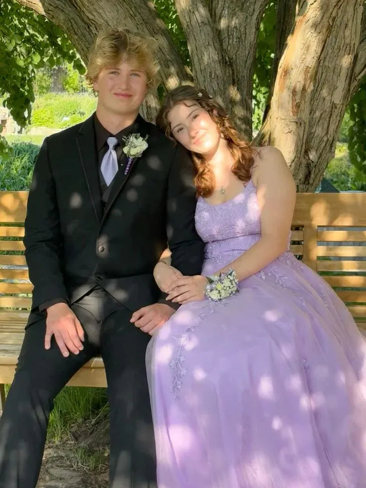 Whimsical A-Line Spaghetti Strap Lace-Up Back Floral Appliqué Floor-Length Prom Gown