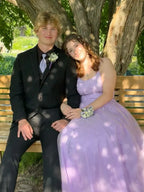 Whimsical A-Line Spaghetti Strap Lace-Up Back Floral Appliqué Floor-Length Prom Gown