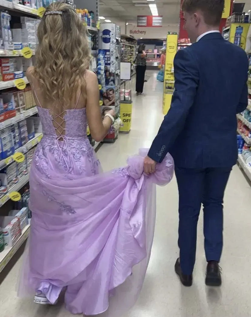 Whimsical A-Line Spaghetti Strap Lace-Up Back Floral Appliqué Floor-Length Prom Gown