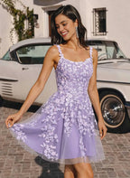 Whimsical A-Line Spaghetti Strap Scoop Neck Floral Appliqué Mini Homecoming Dress
