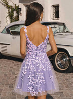 Whimsical A-Line Spaghetti Strap Scoop Neck Floral Appliqué Mini Homecoming Dress