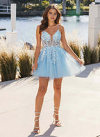 Whimsical A-Line Spaghetti Strap V-Neck Lace-Up Back Floral Appliqué Glitter Mini Homecoming Dress