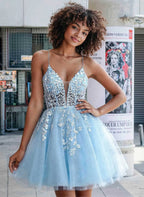 Whimsical A-Line Spaghetti Strap V-Neck Lace-Up Back Floral Appliqué Glitter Mini Homecoming Dress