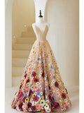 Whimsical A-Line Strapless Sweetheart Corset Floral Appliqué Floor-Length Evening Gown