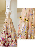Whimsical A-Line Strapless Sweetheart Corset Floral Appliqué Floor-Length Evening Gown