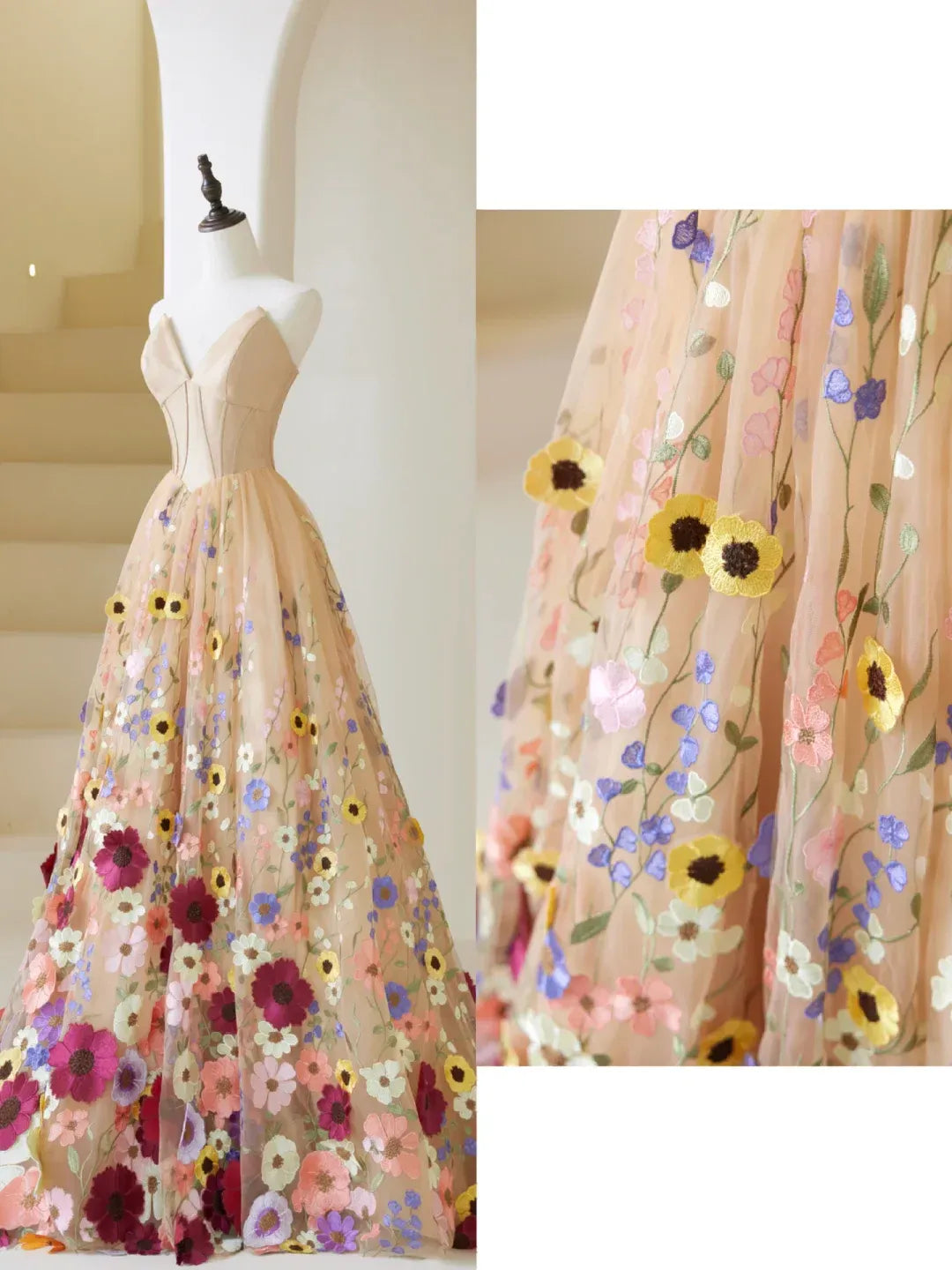 Whimsical A-Line Strapless Sweetheart Corset Floral Appliqué Floor-Length Evening Gown