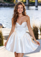 White Whimsical A-Line Strapless Sweetheart Corset Lace-Up Back Mini Homecoming Dress