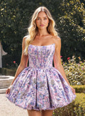 Whimsical A-Line Strapless Sweetheart Floral Jacquard Corset Bubble Mini Homecoming Dress