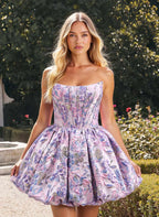 Whimsical A-Line Strapless Sweetheart Floral Jacquard Corset Bubble Mini Homecoming Dress