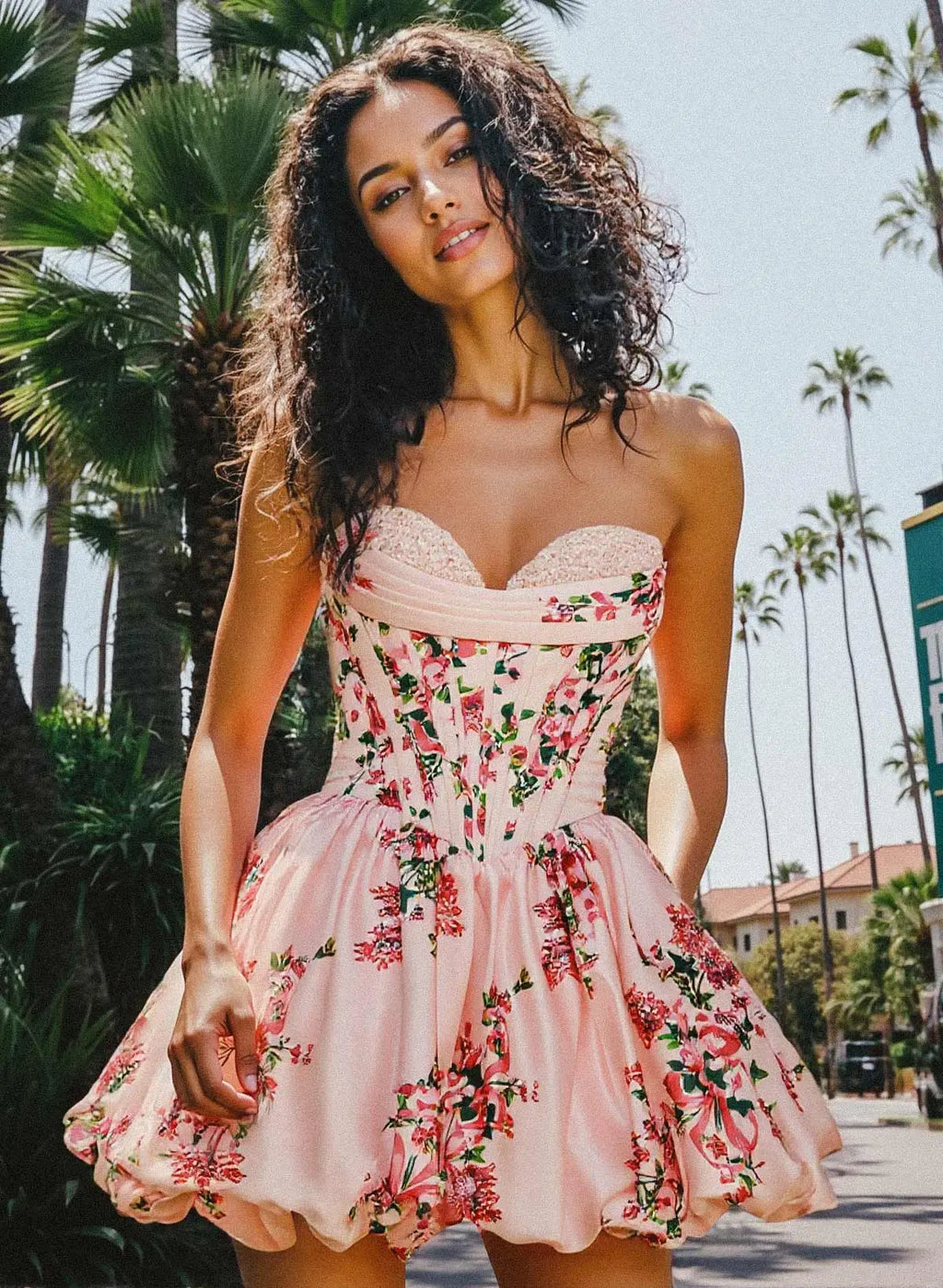 Whimsical A-Line Strapless Sweetheart Floral Print Corset Bubble Mini Homecoming Dress