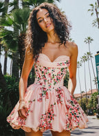 Whimsical A-Line Strapless Sweetheart Floral Print Corset Bubble Mini Homecoming Dress