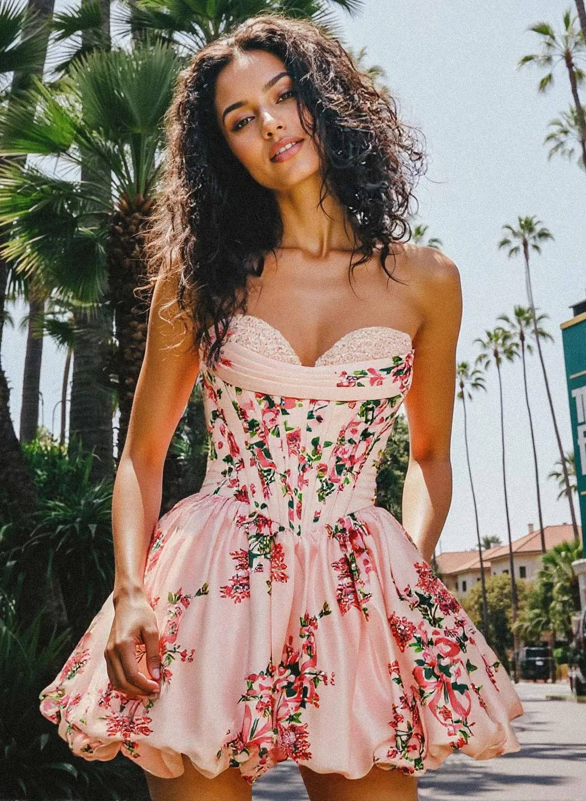 Whimsical A-Line Strapless Sweetheart Floral Print Corset Bubble Mini Homecoming Dress