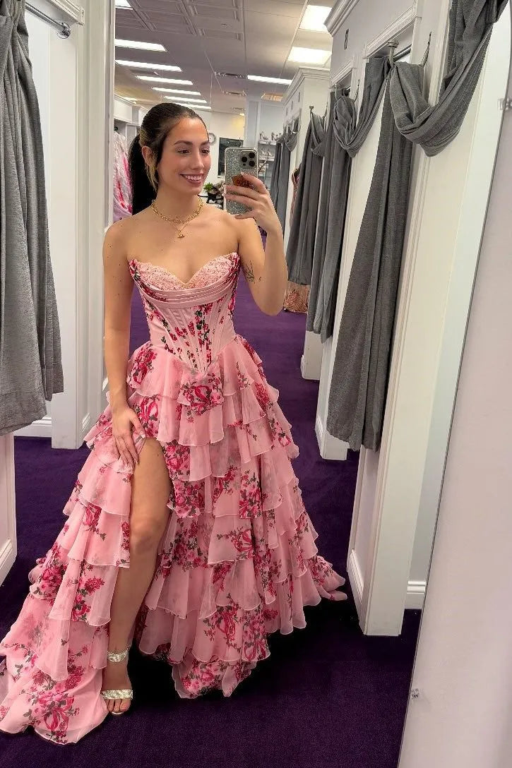 Whimsical A-Line Strapless Sweetheart Lace-Up Corset Tiered Floral High-Slit Floor-Length Evening Gown