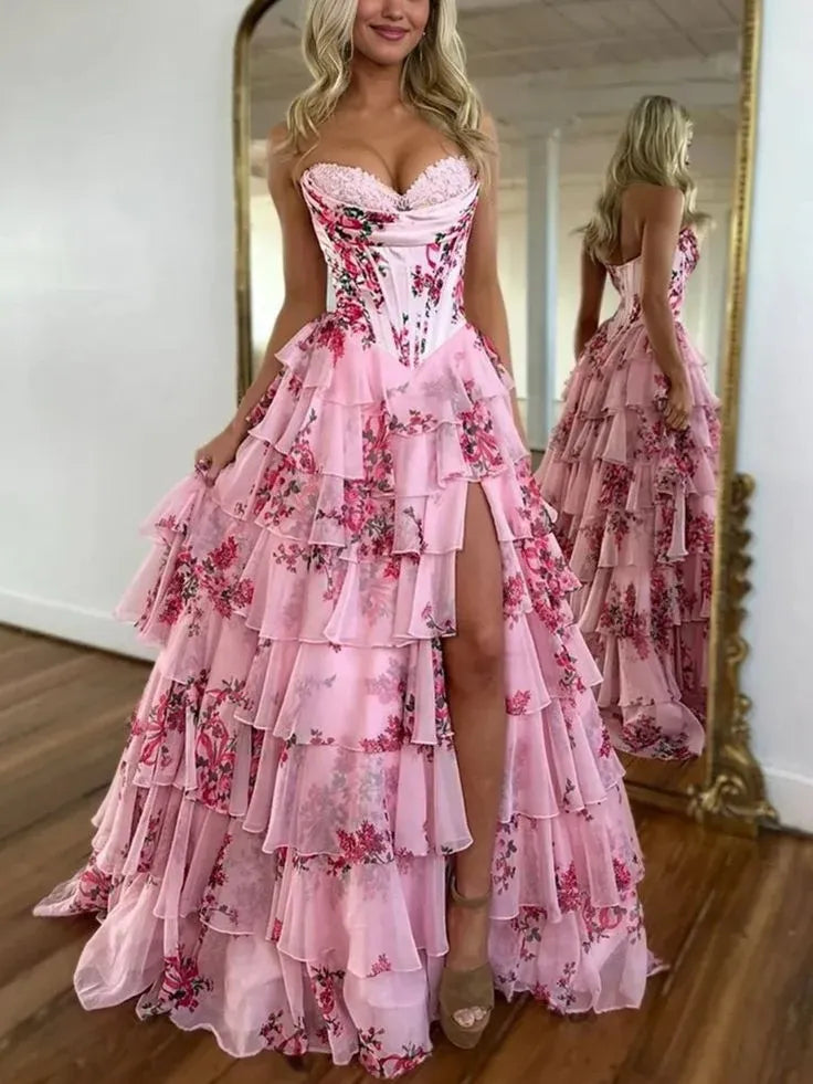 Whimsical A-Line Strapless Sweetheart Lace-Up Corset Tiered Floral High-Slit Floor-Length Evening Gown