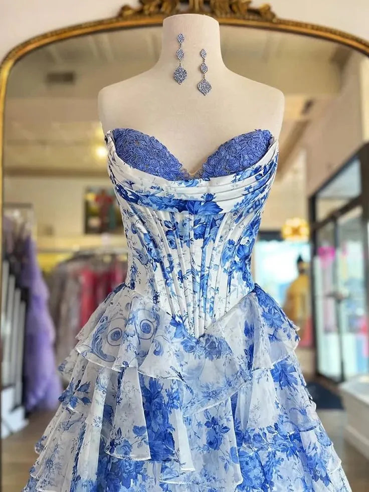 Whimsical A-Line Strapless Sweetheart Lace-Up Corset Tiered Floral High-Slit Floor-Length Evening Gown