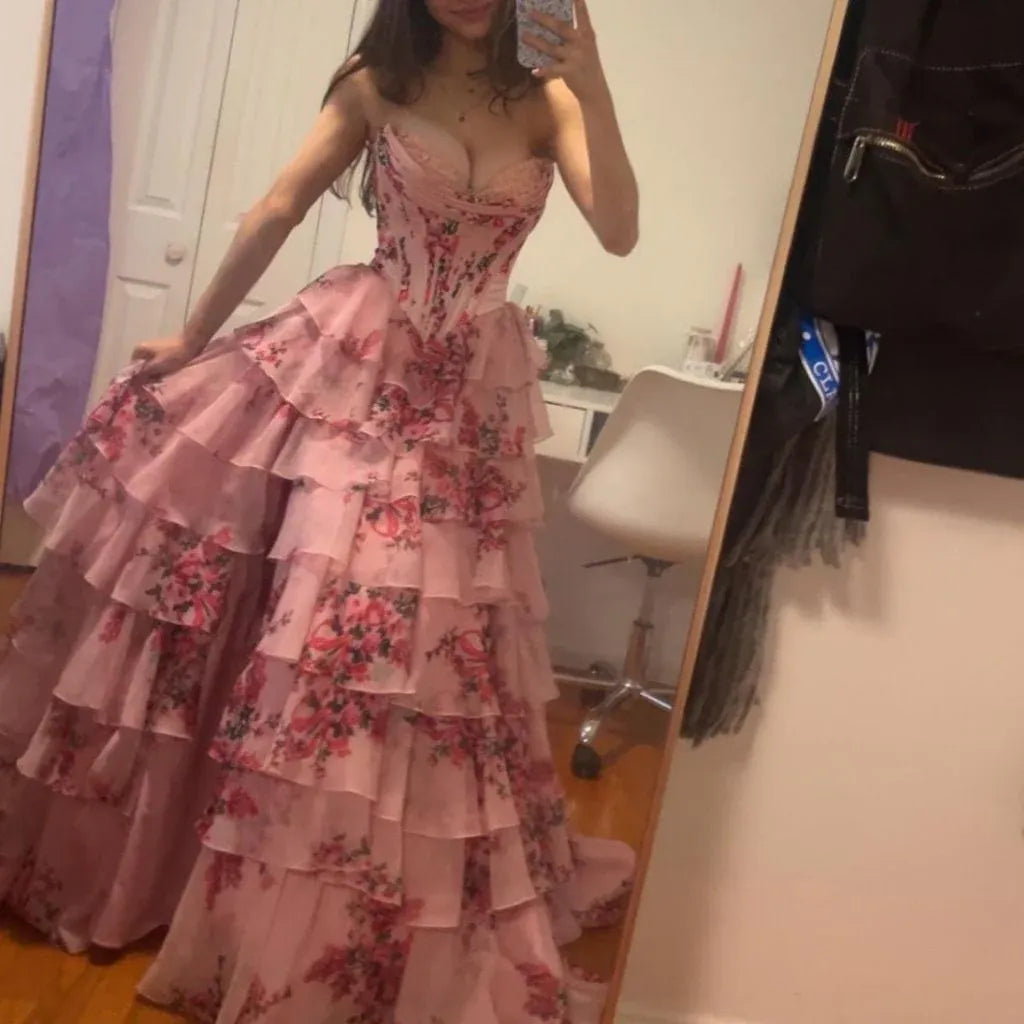 Whimsical A-Line Strapless Sweetheart Lace-Up Corset Tiered Floral High-Slit Floor-Length Evening Gown