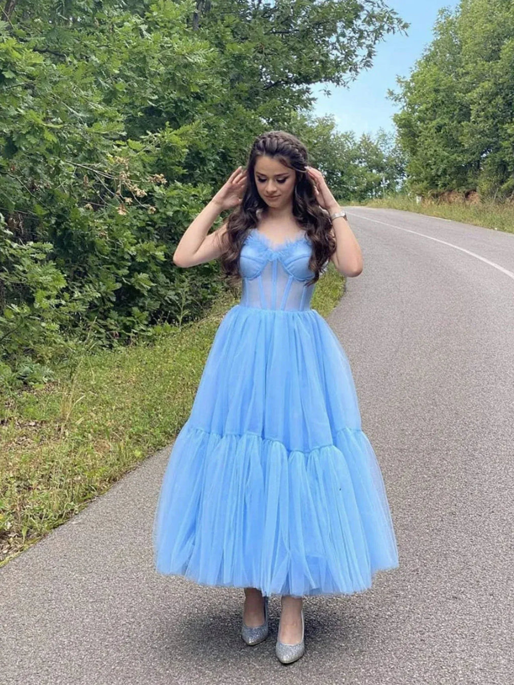 Whimsical A-Line Sweetheart Neck Spaghetti Strap Ruffle Maxi Prom Dress