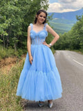 Whimsical A-Line Sweetheart Neck Spaghetti Strap Ruffle Maxi Prom Dress