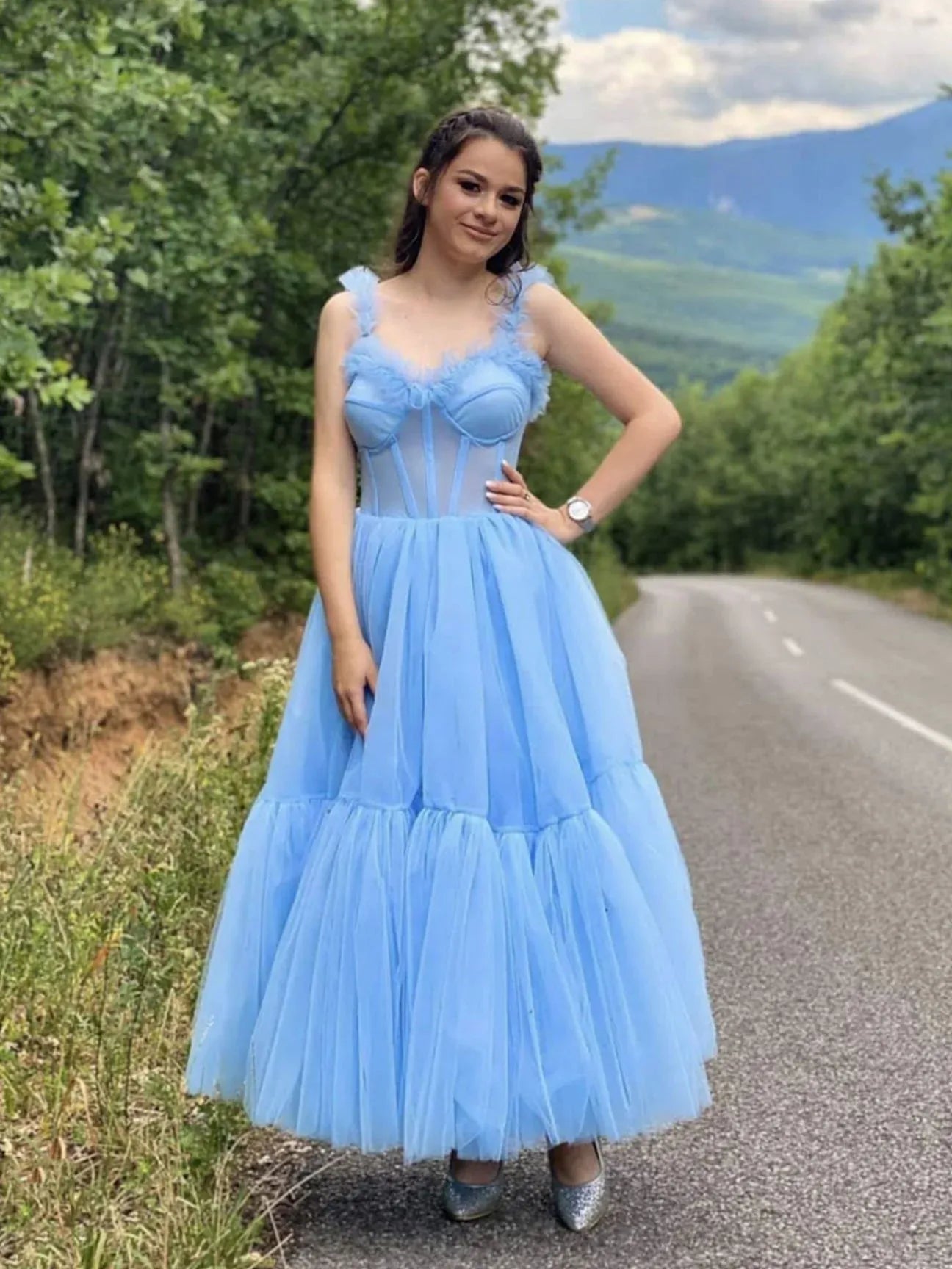 Whimsical A-Line Sweetheart Neck Spaghetti Strap Ruffle Maxi Prom Dress