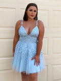 Whimsical A-Line V Neck Spaghetti Strap Appliqué Mini Homecoming Dress