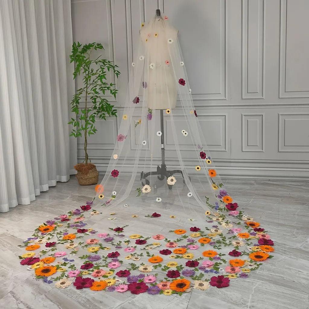 Whimsical Floral Applique Cathedral Wedding Veil