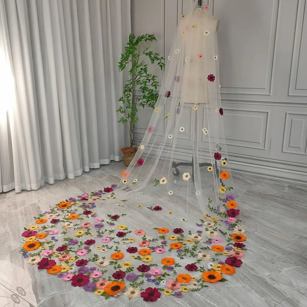 Whimsical Floral Applique Cathedral Wedding Veil