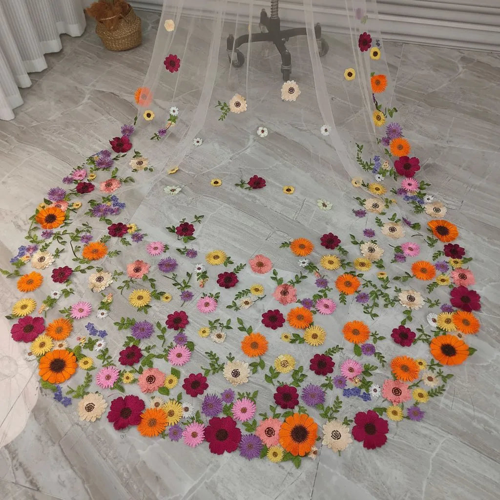 Whimsical Floral Applique Cathedral Wedding Veil