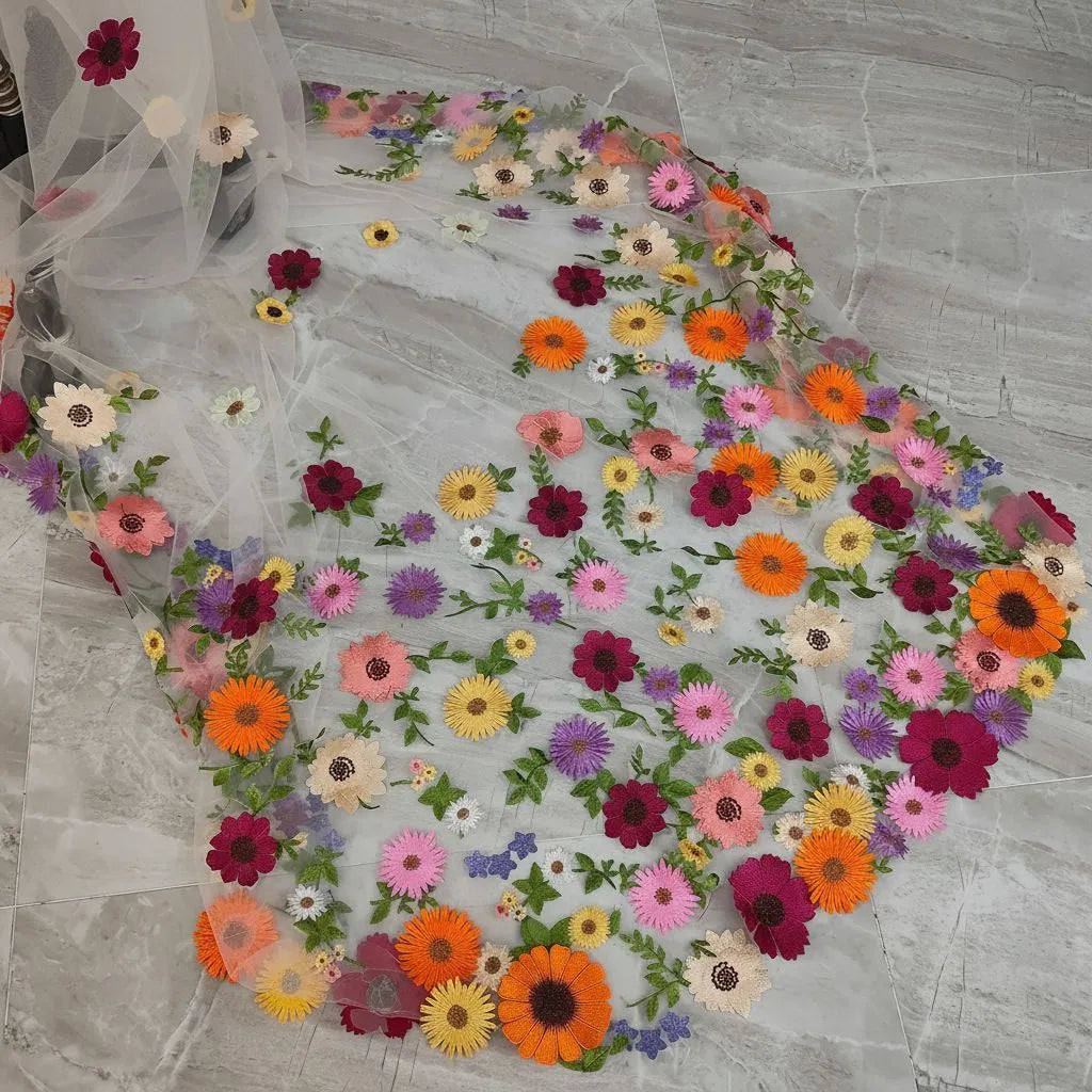 Whimsical Floral Applique Cathedral Wedding Veil