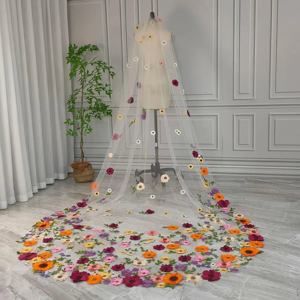Whimsical Floral Applique Cathedral Wedding Veil