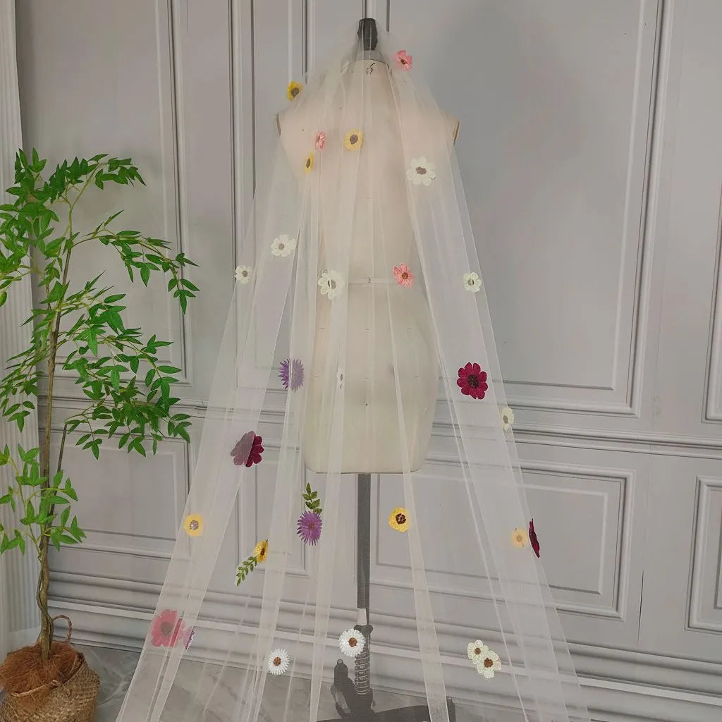 Whimsical Floral Applique Cathedral Wedding Veil